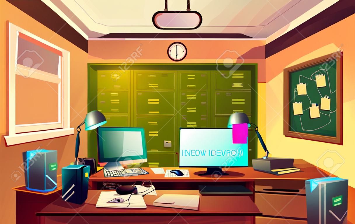 Vector cartoon background of workplace of private detective or policeman. Desk with computer, criminal cases and chair for clients. Interior of police department, cabinet for investigation.