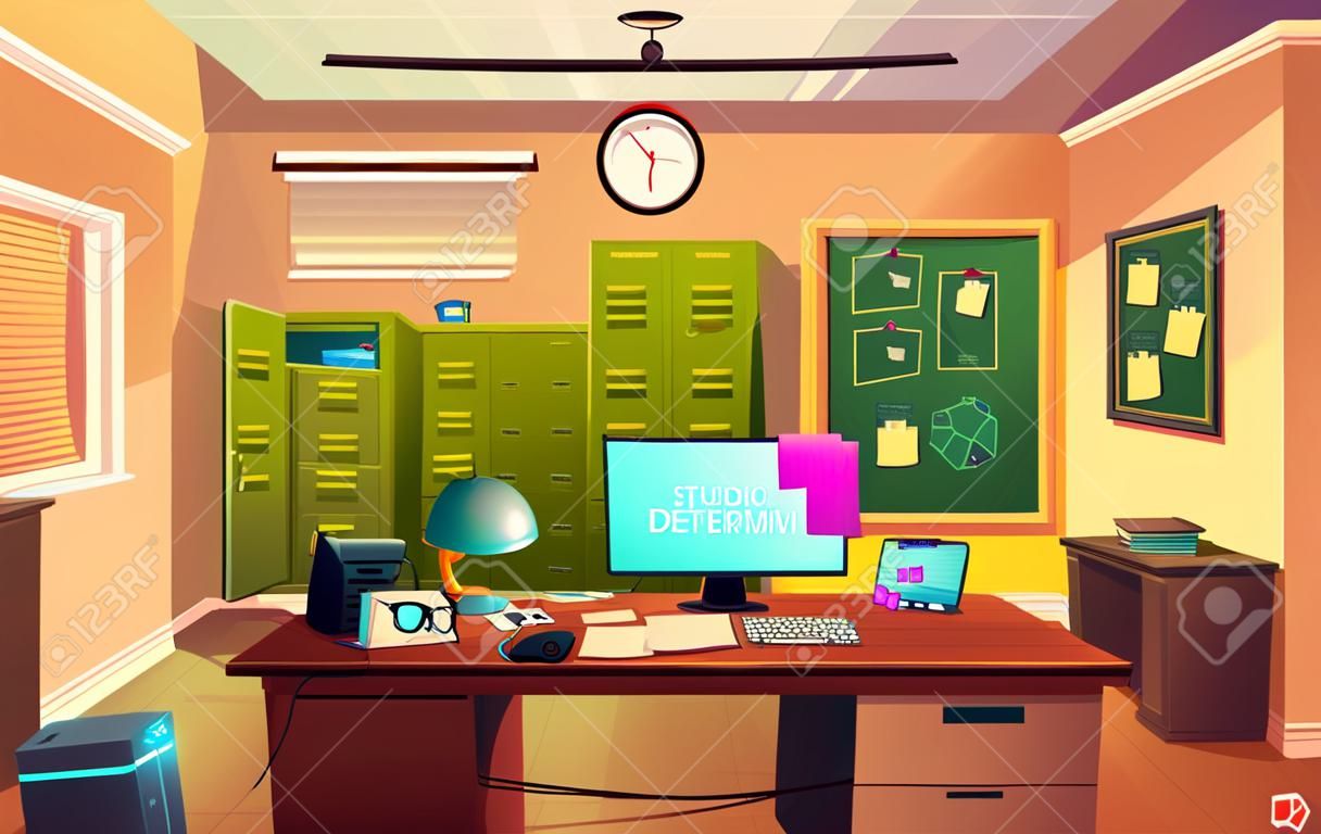 Vector cartoon background of workplace of private detective or policeman. Desk with computer, criminal cases and chair for clients. Interior of police department, cabinet for investigation.