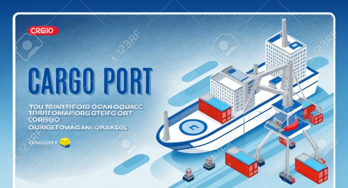 Cargo port isometric vector web banner template. Handling gantry crane on quay loading, unloading shipping containers on cargo ship deck line art illustration. Maritime transport company landing page