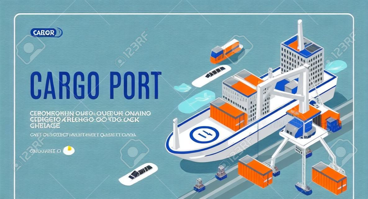 Cargo port isometric vector web banner template. Handling gantry crane on quay loading, unloading shipping containers on cargo ship deck line art illustration. Maritime transport company landing page