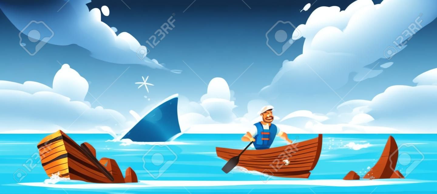 Man escaping from sinking ship after shipwreck accident, vessel run aground in ocean, going under water surface, character in life vest rowing in boat to beach with rocks. Cartoon vector illustration