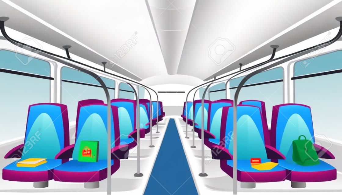 Interior del autobús escolar con asientos azules. Cabina de pasajeros vacía de dibujos animados de vector del transporte público de la ciudad dentro con libros olvidados y mochila en la silla del autobús
