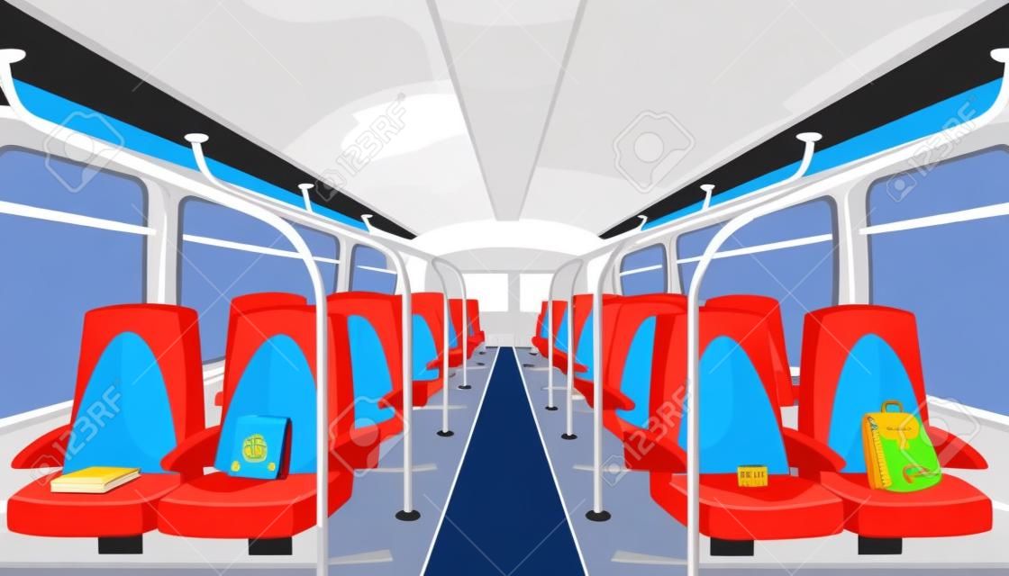 School bus interior with blue seats. Vector cartoon empty passenger cabin of public city transport inside with forgotten books and backpack on bus chair