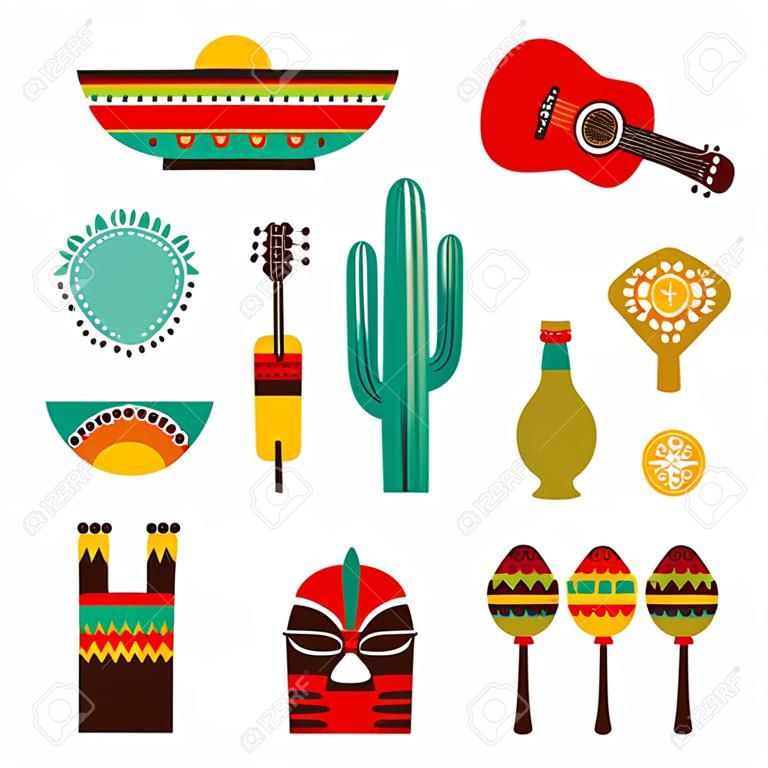 illustration of various stylized icons for Mexico