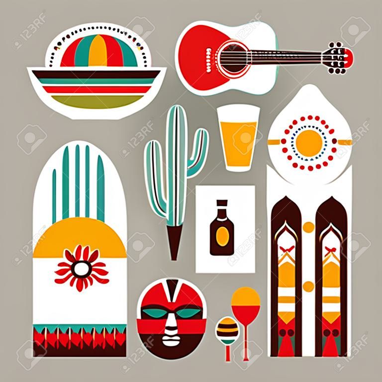 illustration of various stylized icons for Mexico