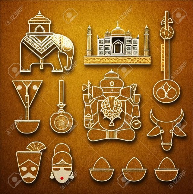 Vector conjunto de iconos de viaje indios