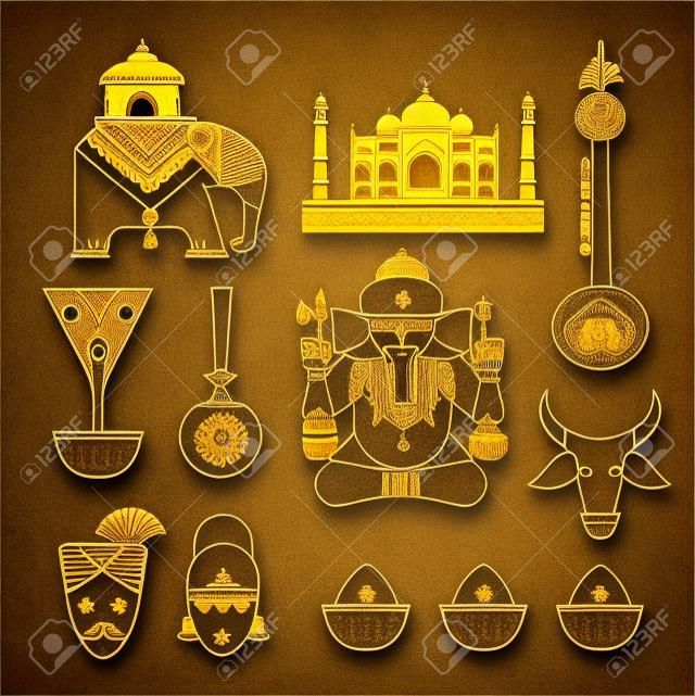 Vector conjunto de iconos de viaje indios