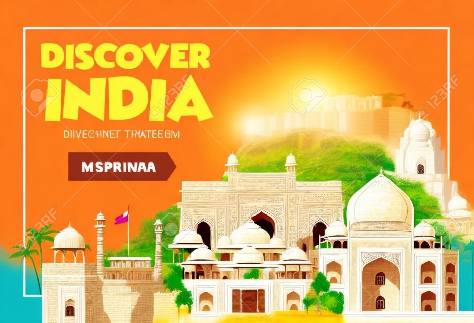 DIscover India travel banner. Trip to India design concept. India travel illustration. Travel promo banner. Vector India destinations.