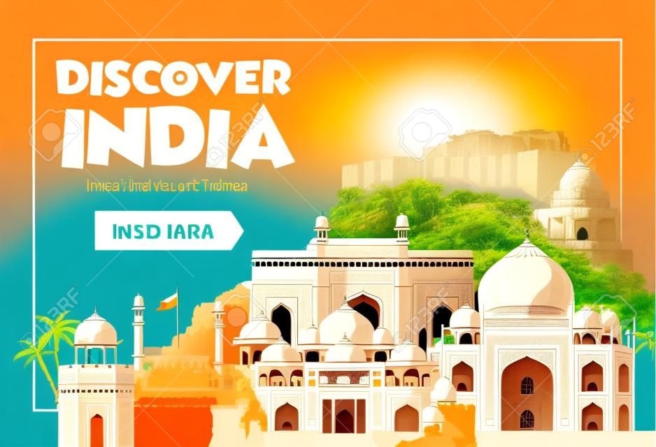 DIscover India travel banner. Trip to India design concept. India travel illustration. Travel promo banner. Vector India destinations.