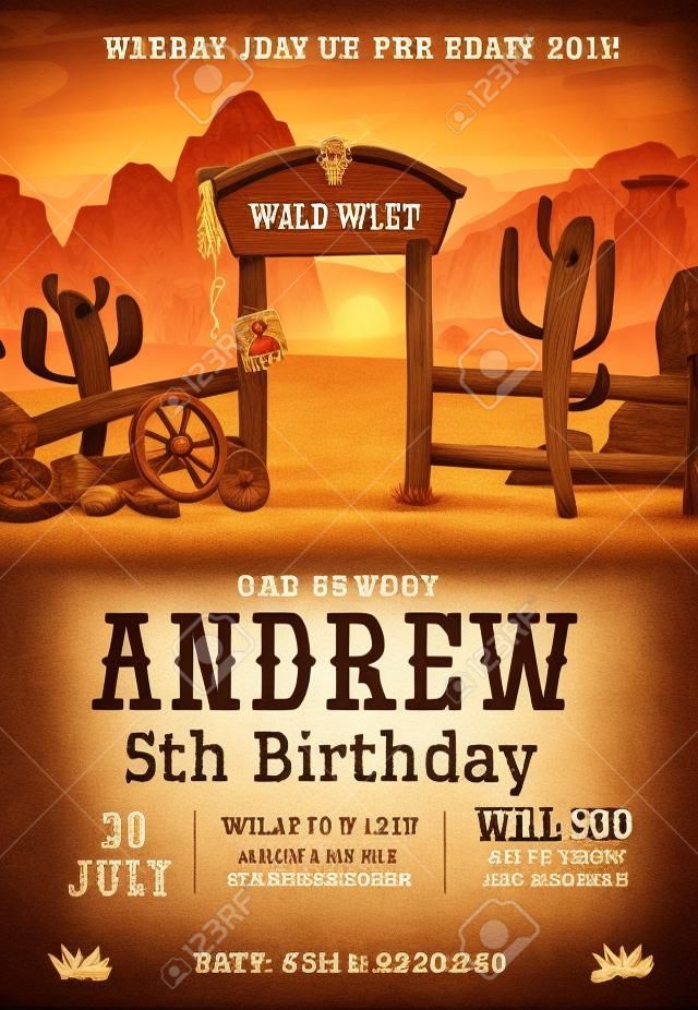 Wild west Birthday party invitation design template. Western poster concept for invitations, greeting cards etc. Cartoon wild west illustration
