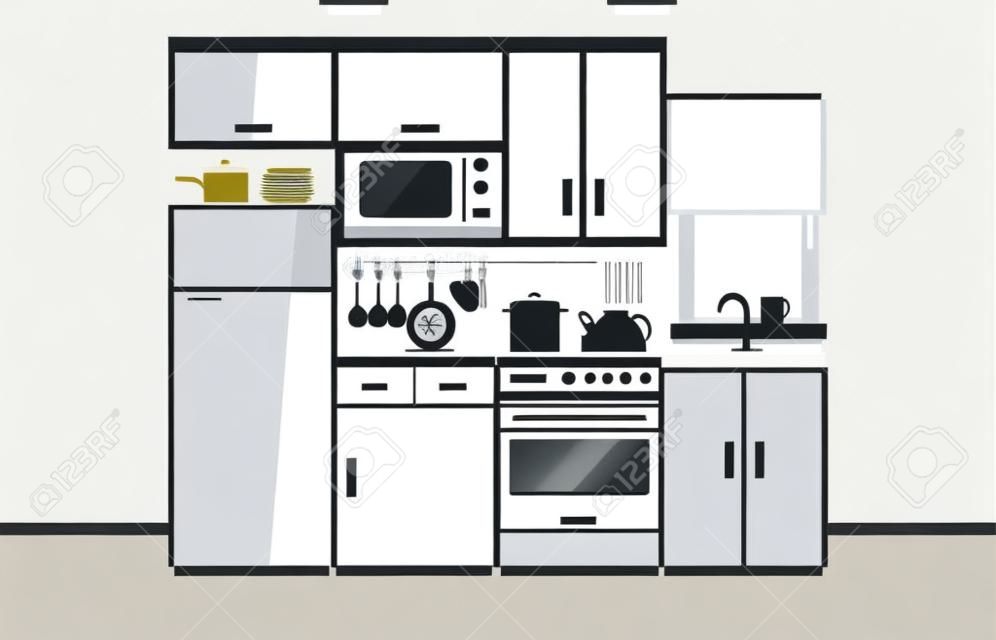 Illustrazione di cucina moderna in stile piatto. Design da cucina bianco cartone animato con facciata bianca, forno a microonde, frigorifero, finestra, lavello, forno e forniture da cucina. Illustrazione vettoriale