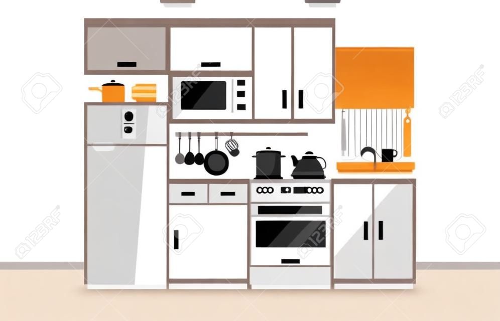Illustrazione di cucina moderna in stile piatto. Design da cucina bianco cartone animato con facciata bianca, forno a microonde, frigorifero, finestra, lavello, forno e forniture da cucina. Illustrazione vettoriale