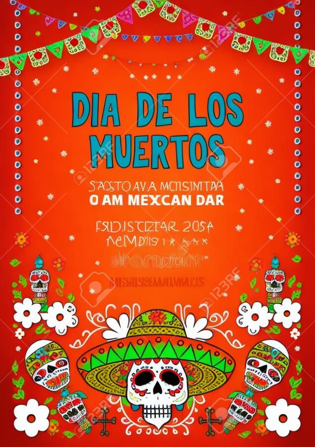 Dia de los muertos feestelijke uitnodiging kaart ontwerp vector illustratie. Suiker schedel in sombrero met maracas en bloemen ontwerp voor uitnodigingsdag Mexicaanse dag van dode platte stijl concept.