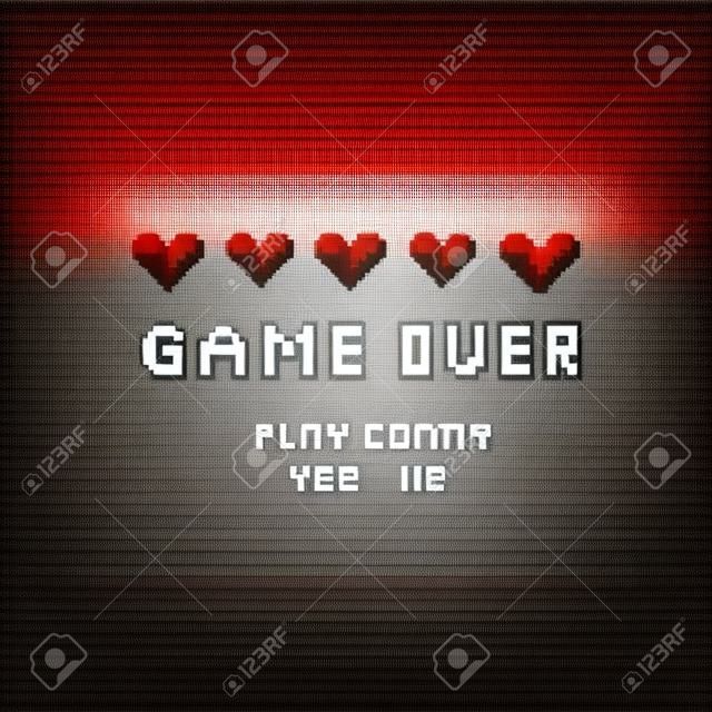 Game over pixel death screen with red hearts template vector illustration. Pixelated inscription asking person play again with answer options yes or no flat style concept