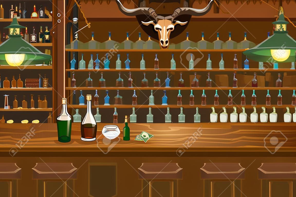 Cowboy interior wild west atmosphere wooden bar vector illustration. Shelves full of bottles with alcohol cartoon design. Cigarette in ashtray and glasses, banknote on bar counter
