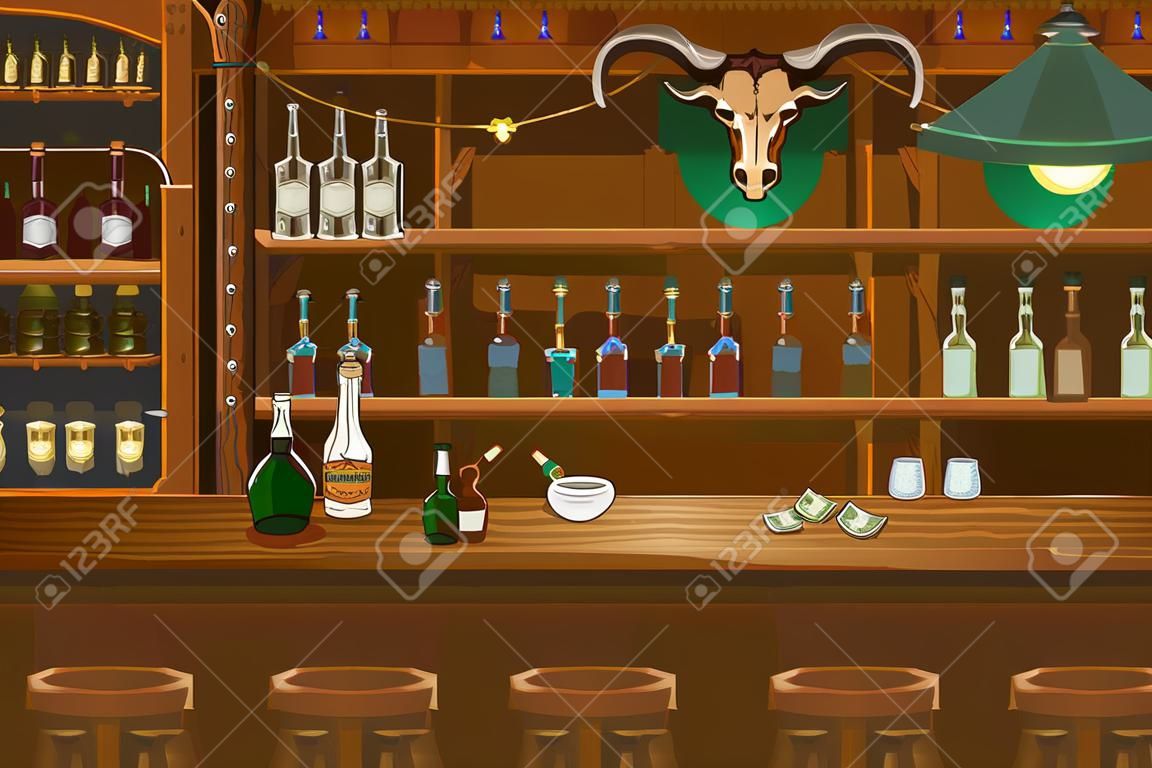 Cowboy interior wild west atmosphere wooden bar vector illustration. Shelves full of bottles with alcohol cartoon design. Cigarette in ashtray and glasses, banknote on bar counter