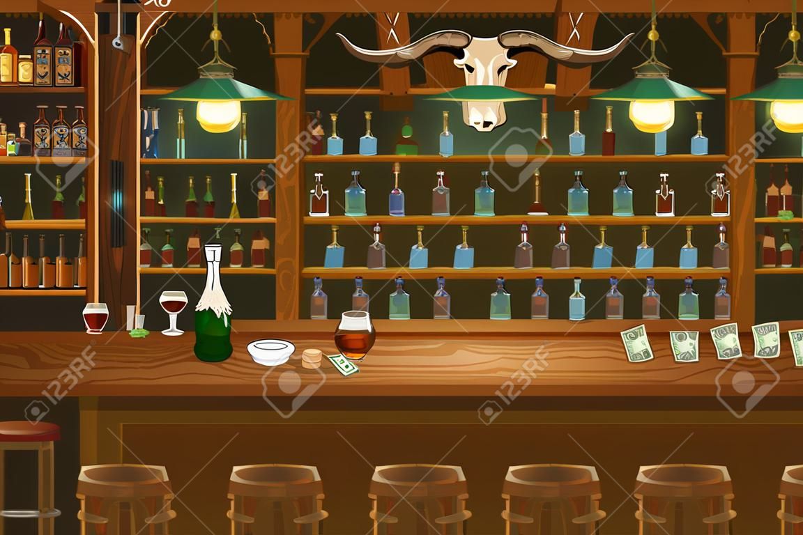 Cowboy interior selvagem oeste atmosfera de madeira bar ilustração vetorial. Prateleiras cheias de garrafas com design de desenho animado de álcool. Cigarro em cinzeiro e óculos, nota no balcão da barra
