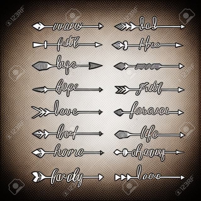 Set of arrows with inscription in boho style vector illustration. Tattoo or print template collection flat style. Handwritten lettering. Isolated on white background