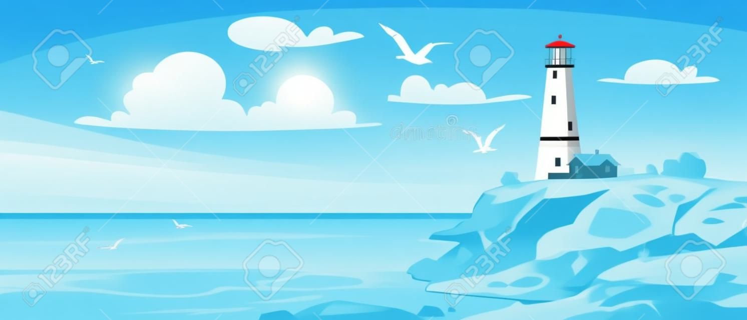 Latarnia morska na brzegu morza w lecie. widok krajobrazu latarni morskiej na wzgórzu w zatoce. małe fale na kamienistej plaży i mewy na niebieskim niebie. ilustracja kreskówka styl wektor.