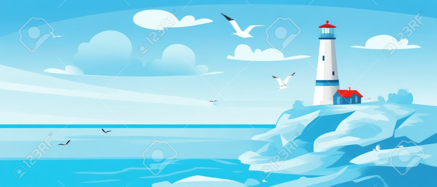 Faro su una riva del mare in estate. vista panoramica di un faro oceanico su una collina in una baia. piccole onde su una spiaggia rocciosa e gabbiani in un cielo blu. illustrazione vettoriale in stile cartone animato.