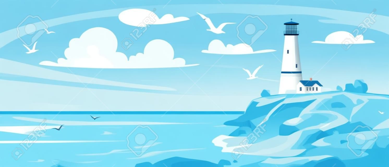 Phare au bord de la mer en été. vue paysage d'un phare de l'océan sur une colline dans une baie. petites vagues sur une plage rocheuse et mouettes dans un ciel bleu. illustration vectorielle de style dessin animé.