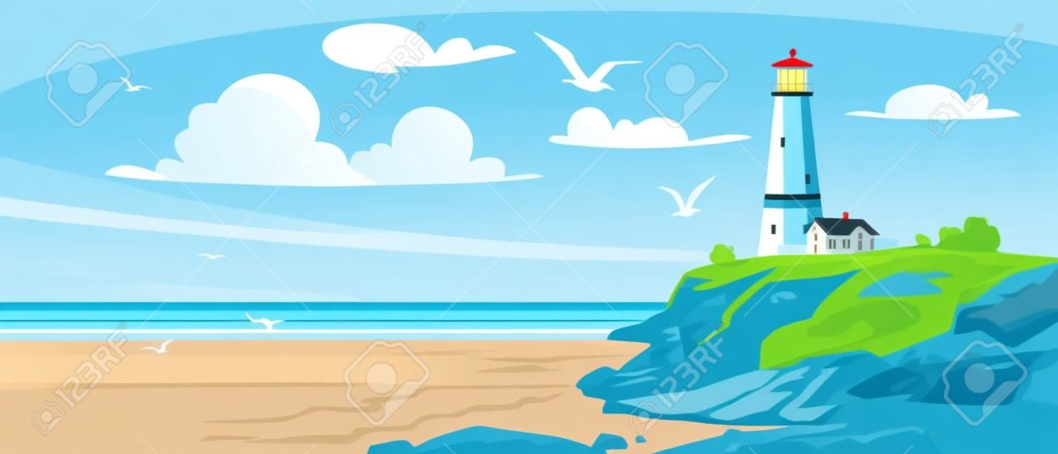 夏の海岸にある灯台。湾の丘の上の海のビーコンの風景ビュー。岩だらけのビーチに小さな波、青い空にカモメ。漫画風のベクターイラスト。
