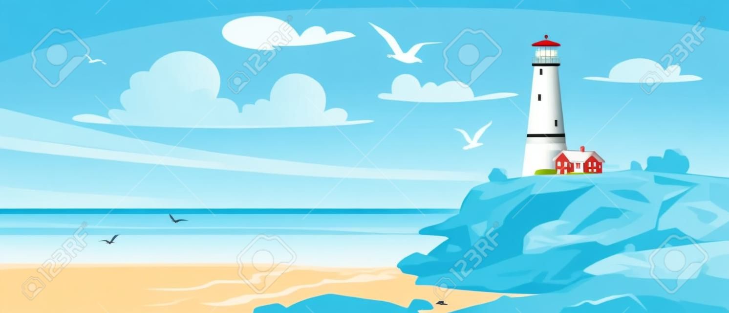 夏の海岸にある灯台。湾の丘の上の海のビーコンの風景ビュー。岩だらけのビーチに小さな波、青い空にカモメ。漫画風のベクターイラスト。