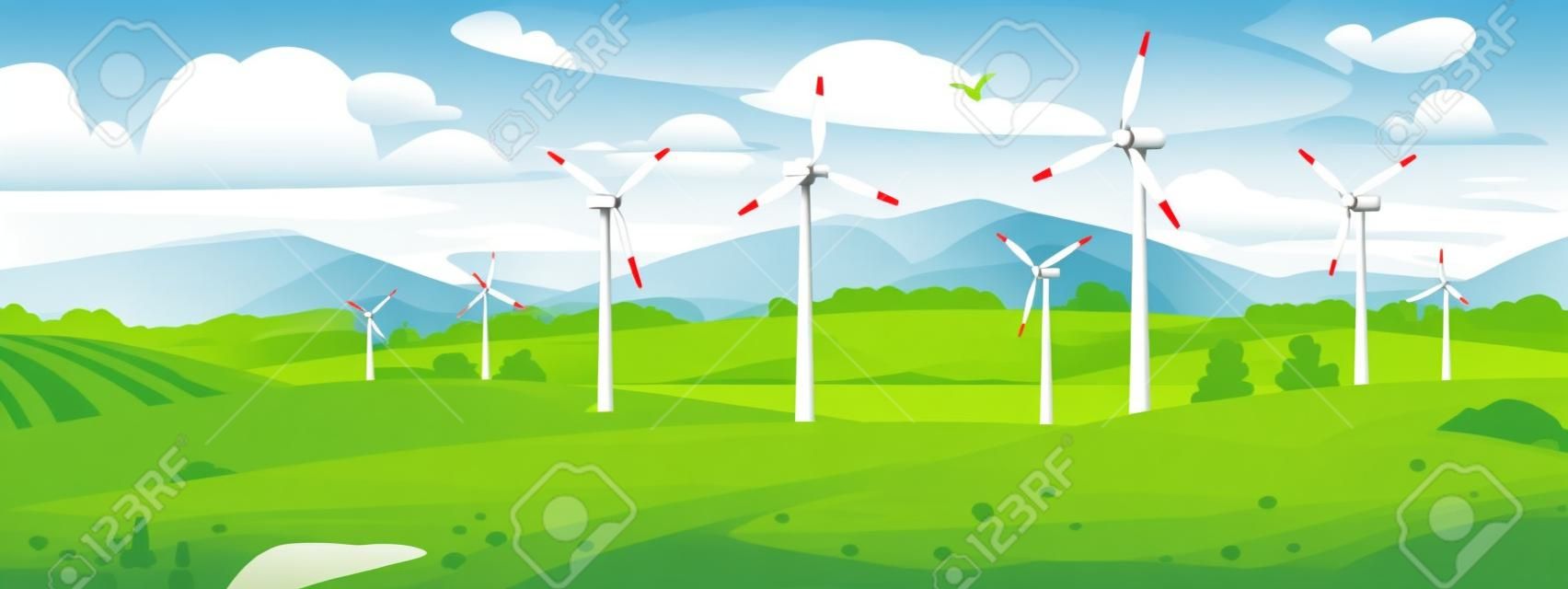 A wind farm or power plant in the field near the lake and mountains in summer. Wind turbines of a power station generate eco-friendly and sustainable electricity. Cartoon style vector illustration.