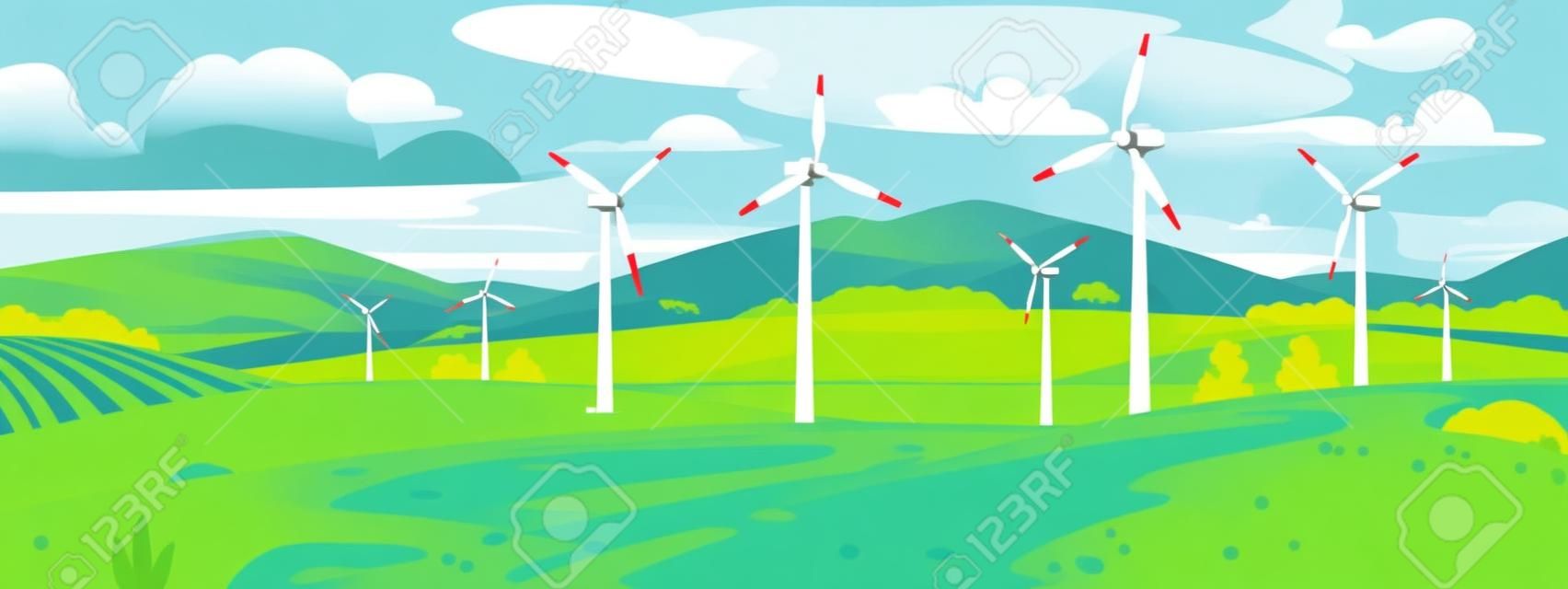 Farma wiatrowa lub elektrownia na polu w pobliżu jeziora i gór latem. turbiny wiatrowe elektrowni wytwarzają przyjazną dla środowiska i zrównoważoną energię elektryczną. ilustracja kreskówka styl wektor.