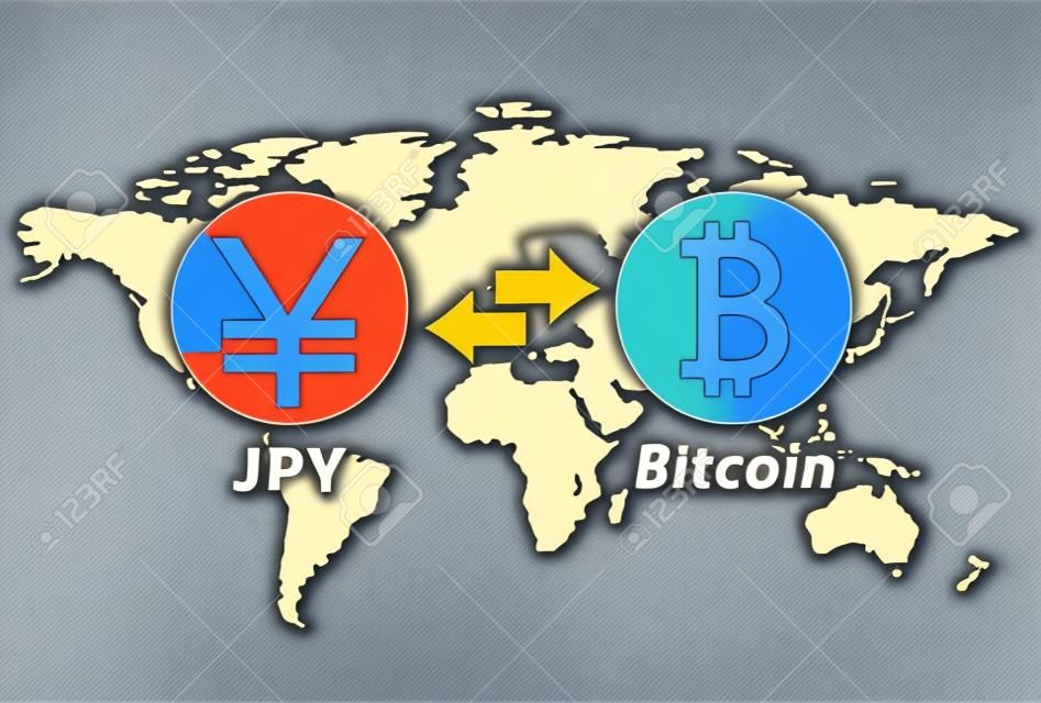 Japanese Yen to Bitcoin currency exchange infographic template on world map background