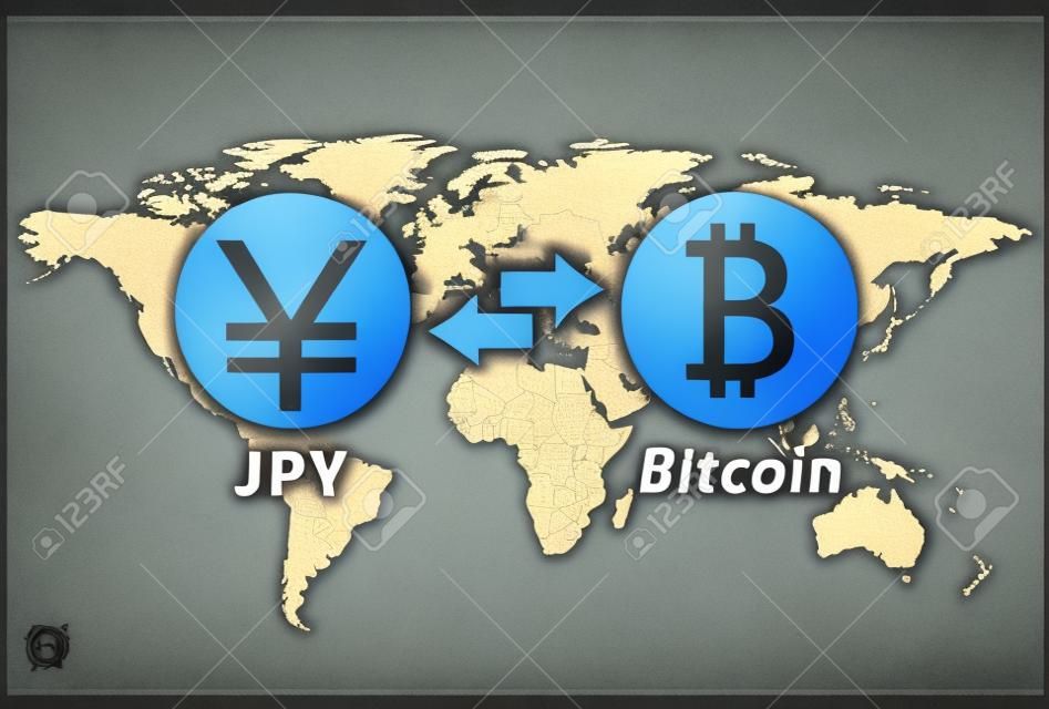 Iene japonês para modelo de infográfico de troca de moeda Bitcoin no fundo do mapa do mundo