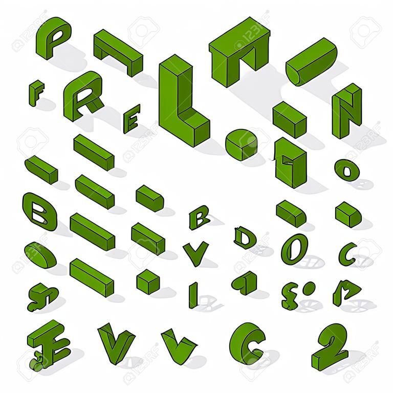 Isométrique texte alphabet typographie et isométrique art de lettre en perspective de l'alphabet. alphabet latin isométrique nombre rétro de caractères 3d. police alphabet isométrique lettres 3D pour vecteur appareil mobile Web.