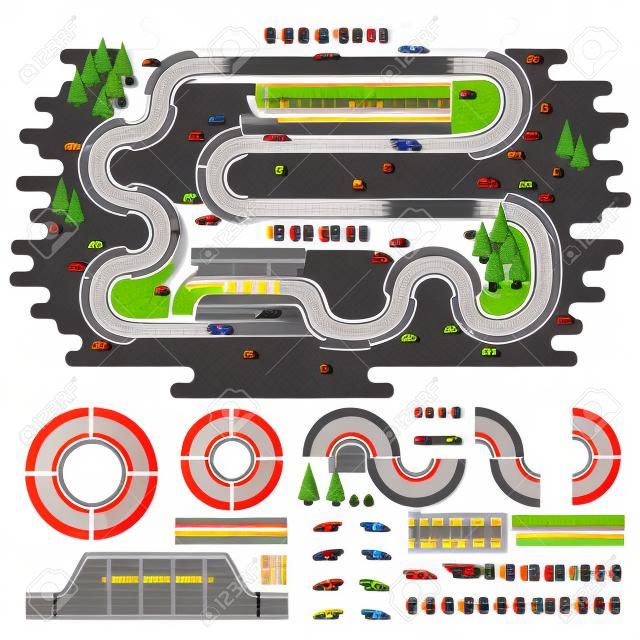 Race track curve road vector, car sport track. Top view of car sport track. Sport car track constructor, road symbols