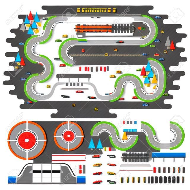 Race track curve road vector, car sport track. Top view of car sport track. Sport car track constructor, road symbols
