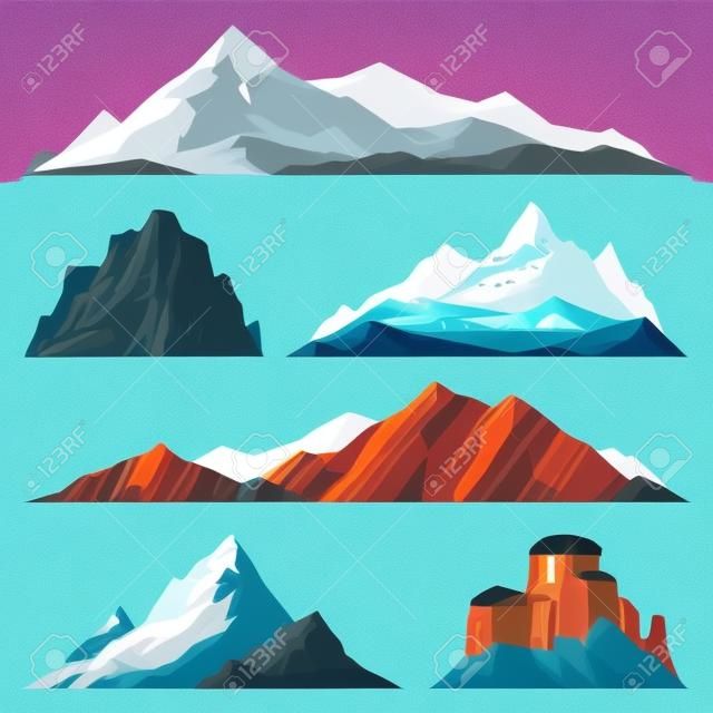 Different mountain vector illustration. Set of mountain silhouette elements. Outdoor icon snow ice mountain tops, decorative isolated. Camping mountain landscape travel climbing or hiking mountains