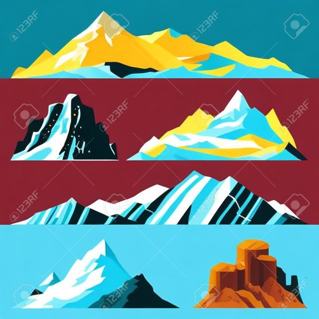 Different mountain vector illustration. Set of mountain silhouette elements. Outdoor icon snow ice mountain tops, decorative isolated. Camping mountain landscape travel climbing or hiking mountains