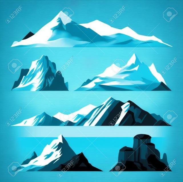 Mountain vektoros illusztráció. Természet hegy sziluettje elemeket. Kültéri ikon hó jég hegycsúcsokon dekoratív elszigetelt. Camping hegyi táj utazás hegymászás vagy túra hegyek