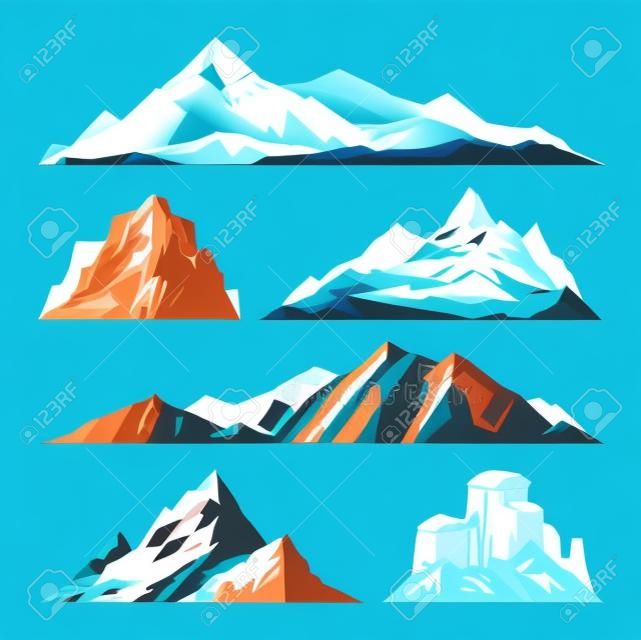 Mountain vector illustration. Nature mountain silhouette elements. Outdoor icon snow ice mountain tops, decorative isolated. Camping mountain landscape travel climbing or hiking mountains