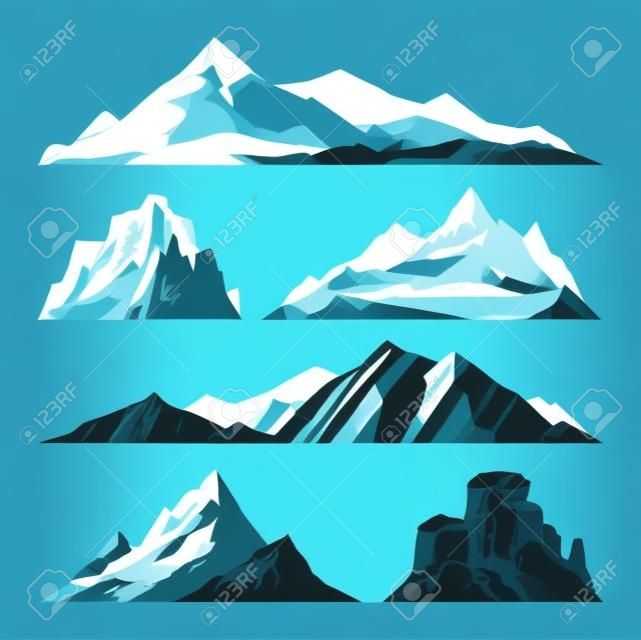 Mountain vektoros illusztráció. Természet hegy sziluettje elemeket. Kültéri ikon hó jég hegycsúcsokon dekoratív elszigetelt. Camping hegyi táj utazás hegymászás vagy túra hegyek
