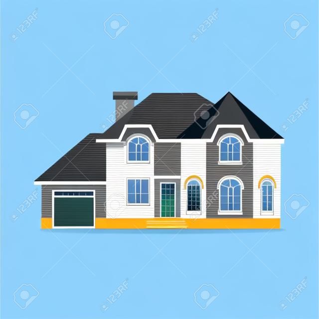 Cottage di alloggiamento dell'appartamento dell'appartamento del tetto della proprietà della proprietà della costruzione della casa di architettura della costruzione dell'illustrazione di vettore di vista frontale della casa
