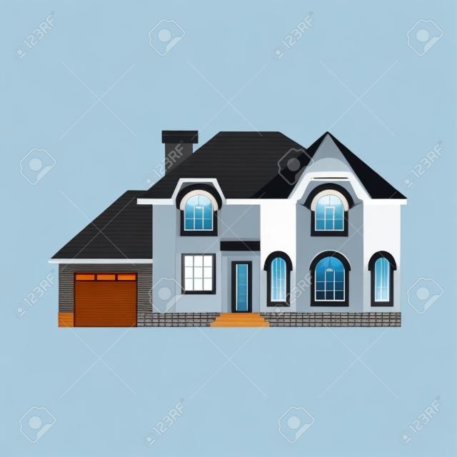 Cottage di alloggiamento dell'appartamento dell'appartamento del tetto della proprietà della proprietà della costruzione della casa di architettura della costruzione dell'illustrazione di vettore di vista frontale della casa