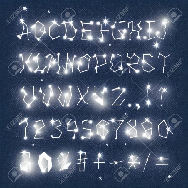 字體空間星座字母表字體星星幾何設計排版抽象字母符號矢量插圖。