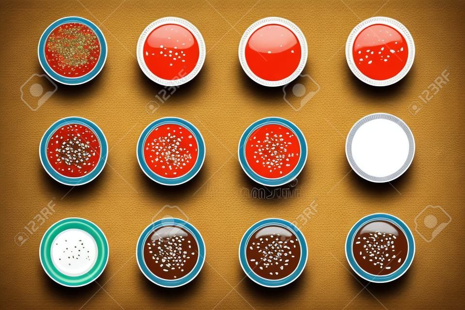 Bowls dip bowl sauces gravy dressing top view spicy food ingredient condiment delicious flavor seasoning spice vector illustration.