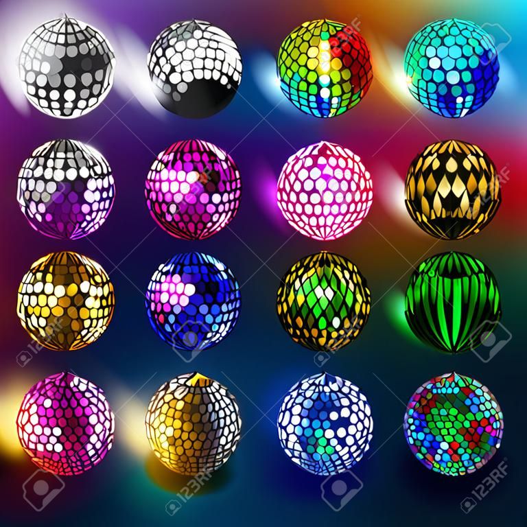 Disco balls illustrazione vettoriale di discoteca danza e musica partito apparecchiatura rotonda intrattenimento brillante.