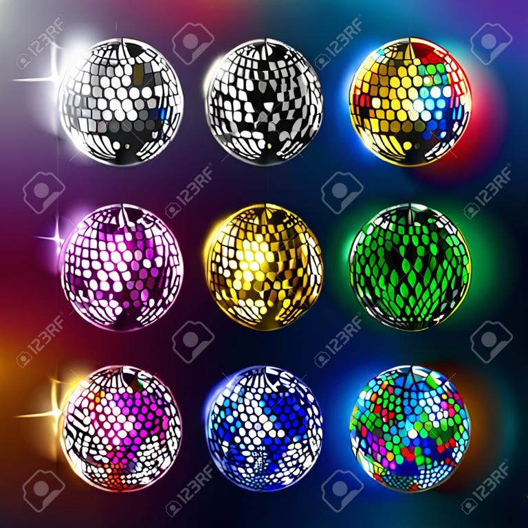 Disco balls illustrazione vettoriale di discoteca danza e musica partito apparecchiatura rotonda intrattenimento brillante.