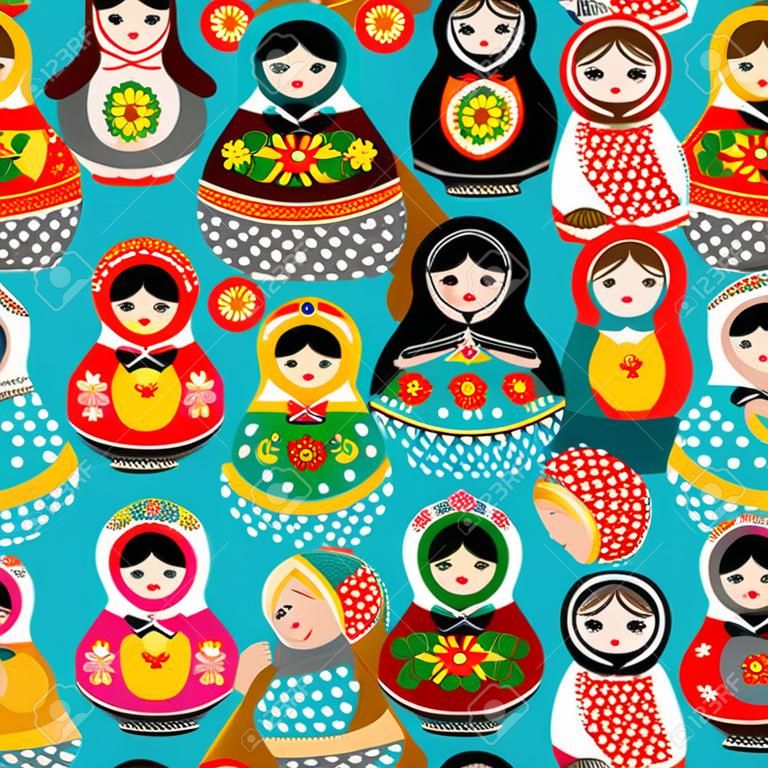 Tradycyjne rosyjskie lalki Matryoshka zabawki zagnieżdżenia ilustracji wektorowych z ludzką dziewczyną cute twarzy bezszwowe tło wzór