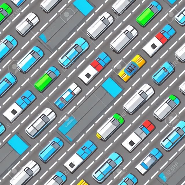 車車両市トランスポート トラフィック ジャム道路問題はベクトルのシームレスなパターン背景です。車、トラック、バス通りのトップ ビュー