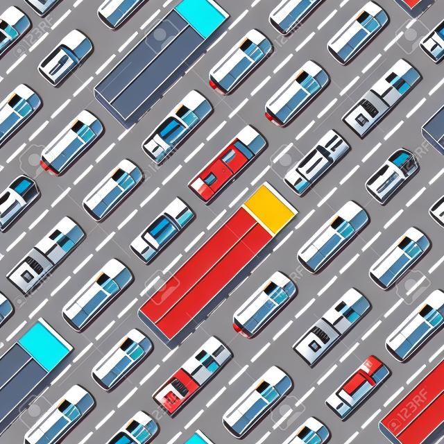 車車両市トランスポート トラフィック ジャム道路問題はベクトルのシームレスなパターン背景です。車、トラック、バス通りのトップ ビュー