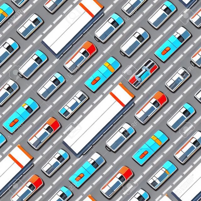 Cars vehicle city transport traffic jam road problems vector seamless pattern background. Street top view with cars, trucks, bus