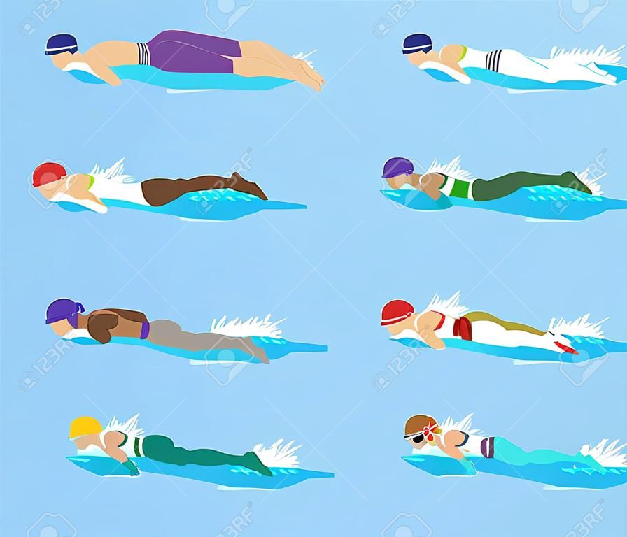 游泳矢量游泳運動員運動員穿著泳衣和游泳帽在游泳池中游泳不同風格的前爬蝴蝶或仰泳和蛙泳水下背景孤立的插圖